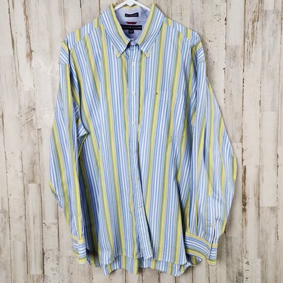 Tommy Hilfiger Striped Button Down Shirt Blue Yellow Size XL - Picture 1 of 11